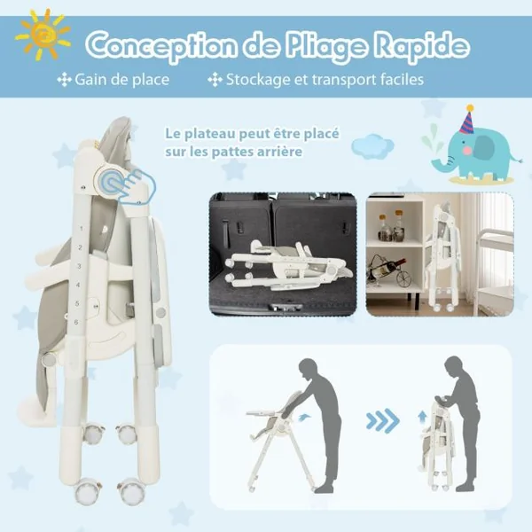 Chaise Haute Pliante Bébé avec Hauteur Réglable Chaise d’Alimentation avec Plateau Amovible 4 Roues Verrouillables Charge Gris 15kg 6-36 Mois
