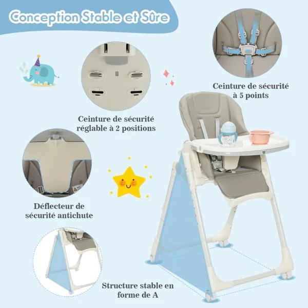 Chaise Haute Pliante Bébé avec Hauteur Réglable Chaise d’Alimentation avec Plateau Amovible 4 Roues Verrouillables Charge Gris 15kg 6-36 Mois