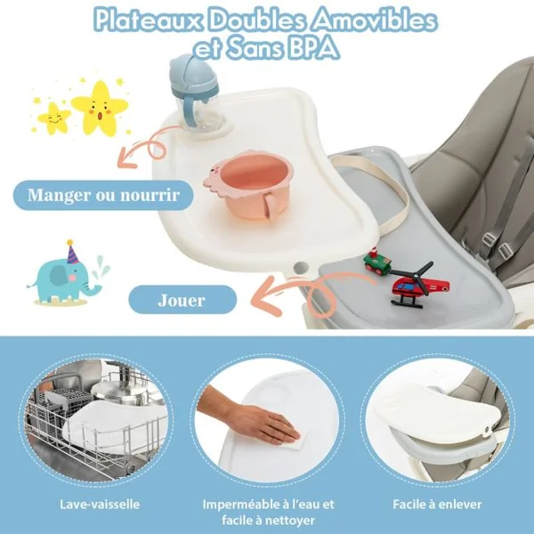Chaise Haute Pliante Bébé avec Hauteur Réglable Chaise d’Alimentation avec Plateau Amovible 4 Roues Verrouillables Charge Gris 15kg 6-36 Mois
