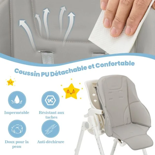 Chaise Haute Pliante Bébé avec Hauteur Réglable Chaise d’Alimentation avec Plateau Amovible 4 Roues Verrouillables Charge Gris 15kg 6-36 Mois