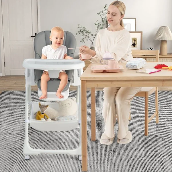 Chaise Haute Pliante Bébé Chaise Convertible pour Nourrissons avec 7 Hauteurs Dossier et Repose-Pieds Ajustables Plateau Réglable Harnais 5 Points et 4 Roues pour 6-36 Mois Gris