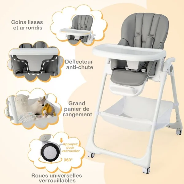 Chaise Haute Pliante Bébé Chaise Convertible pour Nourrissons avec 7 Hauteurs Dossier et Repose-Pieds Ajustables Plateau Réglable Harnais 5 Points et 4 Roues pour 6-36 Mois Gris