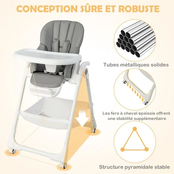 Chaise Haute Pliante Bébé Chaise Convertible pour Nourrissons avec 7 Hauteurs Dossier et Repose-Pieds Ajustables Plateau Réglable Harnais 5 Points et 4 Roues pour 6-36 Mois Gris