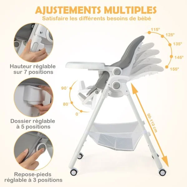 Chaise Haute Pliante Bébé Chaise Convertible pour Nourrissons avec 7 Hauteurs Dossier et Repose-Pieds Ajustables Plateau Réglable Harnais 5 Points et 4 Roues pour 6-36 Mois Gris