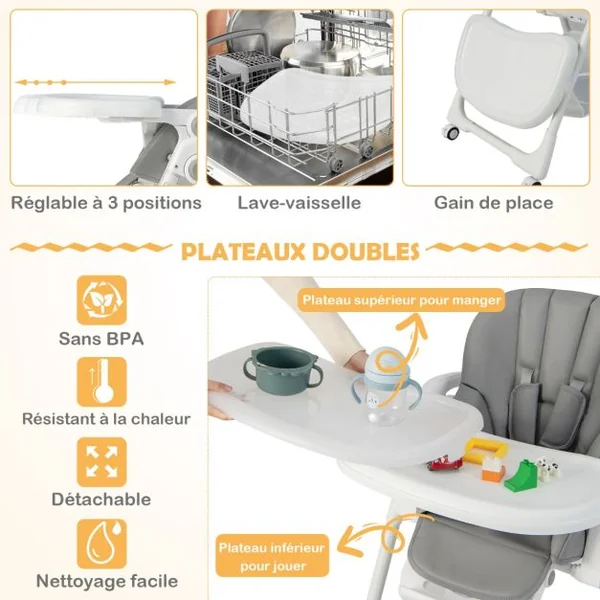 Chaise Haute Pliante Bébé Chaise Convertible pour Nourrissons avec 7 Hauteurs Dossier et Repose-Pieds Ajustables Plateau Réglable Harnais 5 Points et 4 Roues pour 6-36 Mois Gris