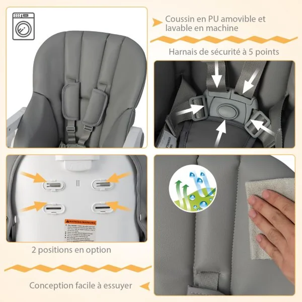Chaise Haute Pliante Bébé Chaise Convertible pour Nourrissons avec 7 Hauteurs Dossier et Repose-Pieds Ajustables Plateau Réglable Harnais 5 Points et 4 Roues pour 6-36 Mois Gris
