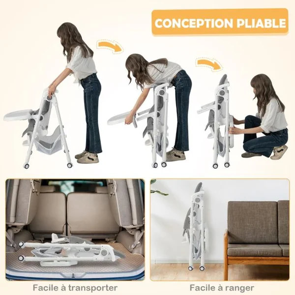 Chaise Haute Pliante Bébé Chaise Convertible pour Nourrissons avec 7 Hauteurs Dossier et Repose-Pieds Ajustables Plateau Réglable Harnais 5 Points et 4 Roues pour 6-36 Mois Gris
