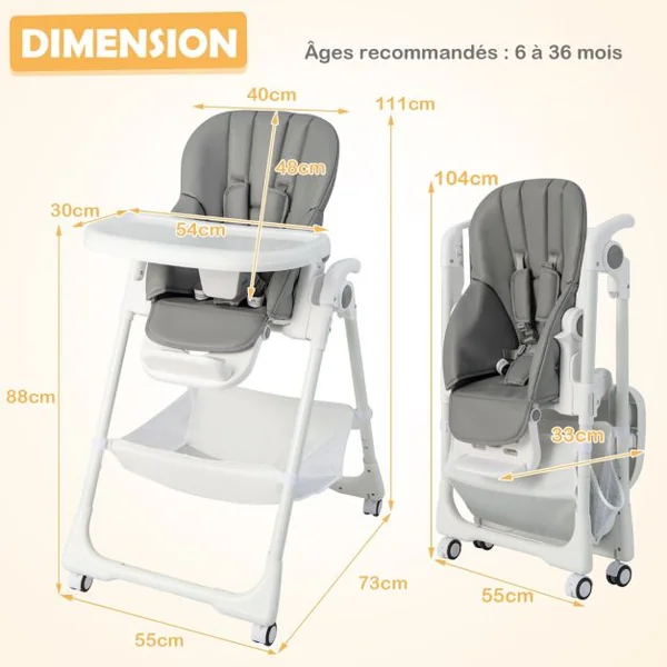 Chaise Haute Pliante Bébé Chaise Convertible pour Nourrissons avec 7 Hauteurs Dossier et Repose-Pieds Ajustables Plateau Réglable Harnais 5 Points et 4 Roues pour 6-36 Mois Gris