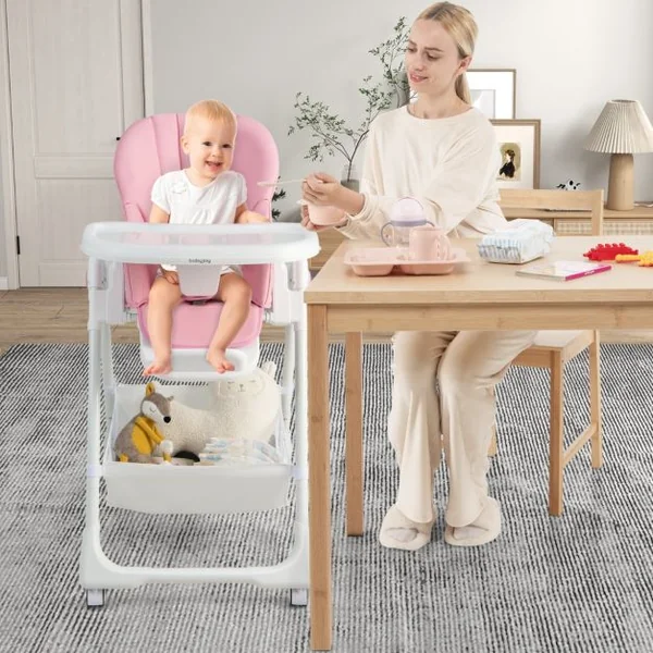 Chaise Haute Pliante Bébé Chaise Convertible pour Nourrissons avec 7 Hauteurs Dossier et Repose-Pieds Ajustables Plateau Réglable Harnais 5 Points et 4 Roues pour 6-36 Mois Rose