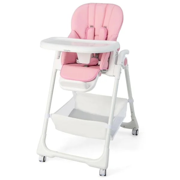 Chaise Haute Pliante Bébé Chaise Convertible pour Nourrissons avec 7 Hauteurs Dossier et Repose-Pieds Ajustables Plateau Réglable Harnais 5 Points et 4 Roues pour 6-36 Mois Rose