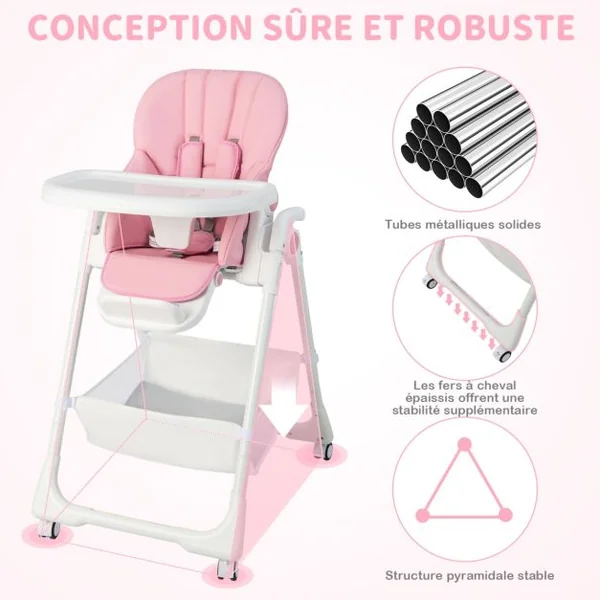 Chaise Haute Pliante Bébé Chaise Convertible pour Nourrissons avec 7 Hauteurs Dossier et Repose-Pieds Ajustables Plateau Réglable Harnais 5 Points et 4 Roues pour 6-36 Mois Rose