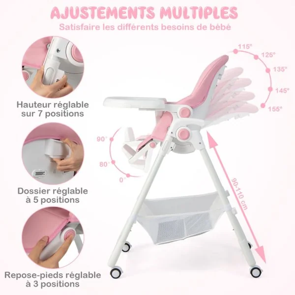 Chaise Haute Pliante Bébé Chaise Convertible pour Nourrissons avec 7 Hauteurs Dossier et Repose-Pieds Ajustables Plateau Réglable Harnais 5 Points et 4 Roues pour 6-36 Mois Rose