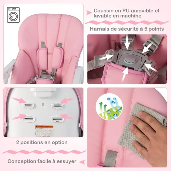 Chaise Haute Pliante Bébé Chaise Convertible pour Nourrissons avec 7 Hauteurs Dossier et Repose-Pieds Ajustables Plateau Réglable Harnais 5 Points et 4 Roues pour 6-36 Mois Rose