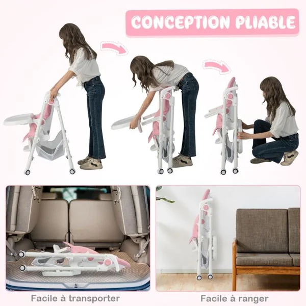 Chaise Haute Pliante Bébé Chaise Convertible pour Nourrissons avec 7 Hauteurs Dossier et Repose-Pieds Ajustables Plateau Réglable Harnais 5 Points et 4 Roues pour 6-36 Mois Rose