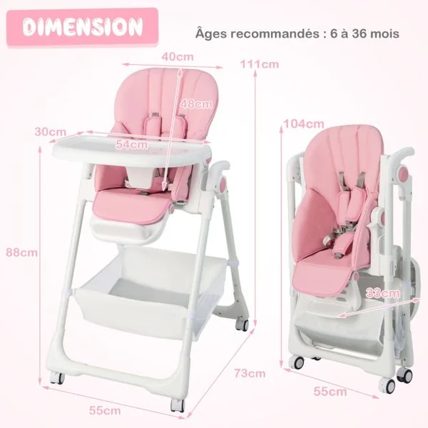 Chaise Haute Pliante Bébé Chaise Convertible pour Nourrissons avec 7 Hauteurs Dossier et Repose-Pieds Ajustables Plateau Réglable Harnais 5 Points et 4 Roues pour 6-36 Mois Rose