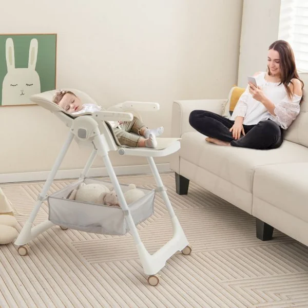Chaise Haute Pliante pour Bébé Chaise Haute Convertible avec Dossier Inclinable Hauteurs Ajustables Chaise Haute Réglable pour Bébés Beige