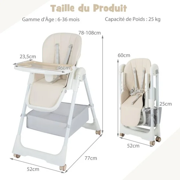 Chaise Haute Pliante pour Bébé Chaise Haute Convertible avec Dossier Inclinable Hauteurs Ajustables Chaise Haute Réglable pour Bébés Beige