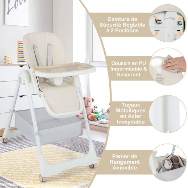 Chaise Haute Pliante pour Bébé Chaise Haute Convertible avec Dossier Inclinable Hauteurs Ajustables Chaise Haute Réglable pour Bébés Beige