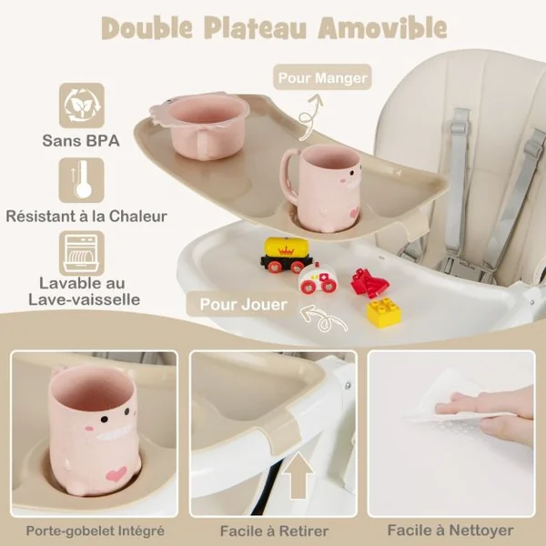 Chaise Haute Pliante pour Bébé Chaise Haute Convertible avec Dossier Inclinable Hauteurs Ajustables Chaise Haute Réglable pour Bébés Beige