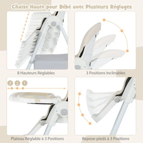 Chaise Haute Pliante pour Bébé Chaise Haute Convertible avec Dossier Inclinable Hauteurs Ajustables Chaise Haute Réglable pour Bébés Beige