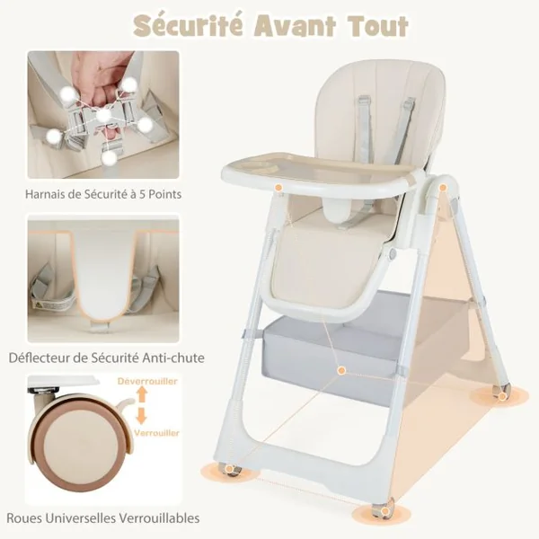 Chaise Haute Pliante pour Bébé Chaise Haute Convertible avec Dossier Inclinable Hauteurs Ajustables Chaise Haute Réglable pour Bébés Beige
