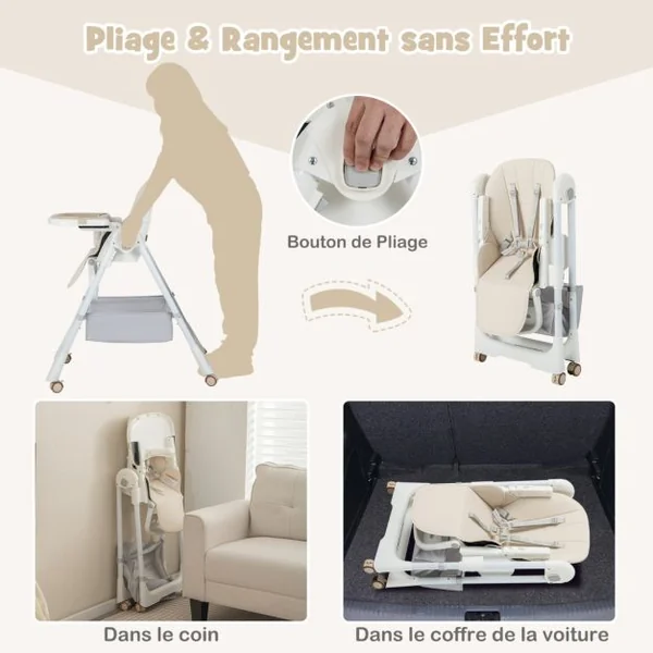Chaise Haute Pliante pour Bébé Chaise Haute Convertible avec Dossier Inclinable Hauteurs Ajustables Chaise Haute Réglable pour Bébés Beige