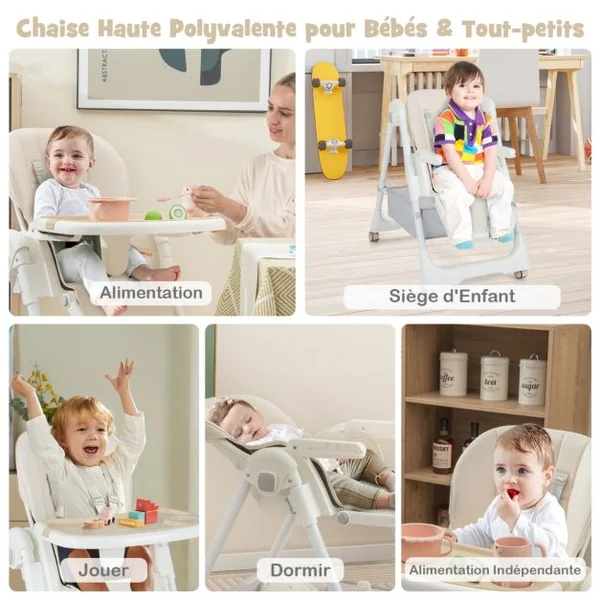Chaise Haute Pliante pour Bébé Chaise Haute Convertible avec Dossier Inclinable Hauteurs Ajustables Chaise Haute Réglable pour Bébés Beige
