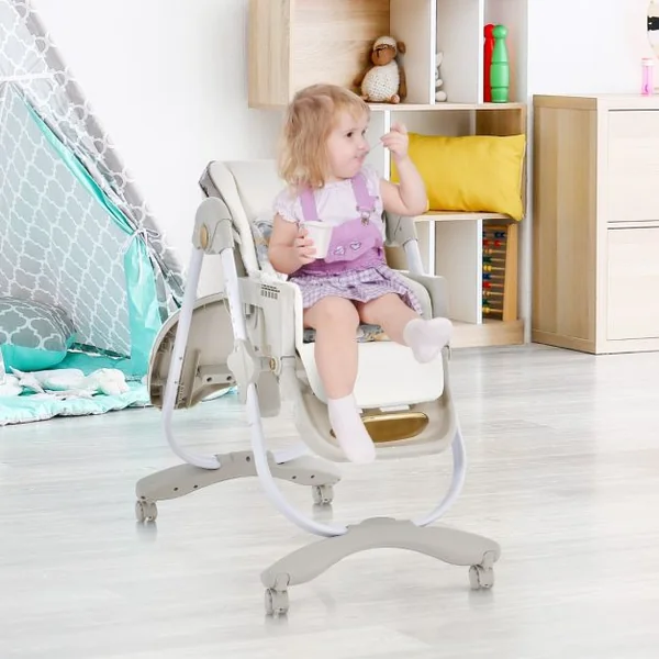 Chaise Haute Pliante pour Bébé à Roulettes avec Dossier Réglable Repose-pieds et Hauteur Ajustables Coussin Amovible Plateau Double Gris