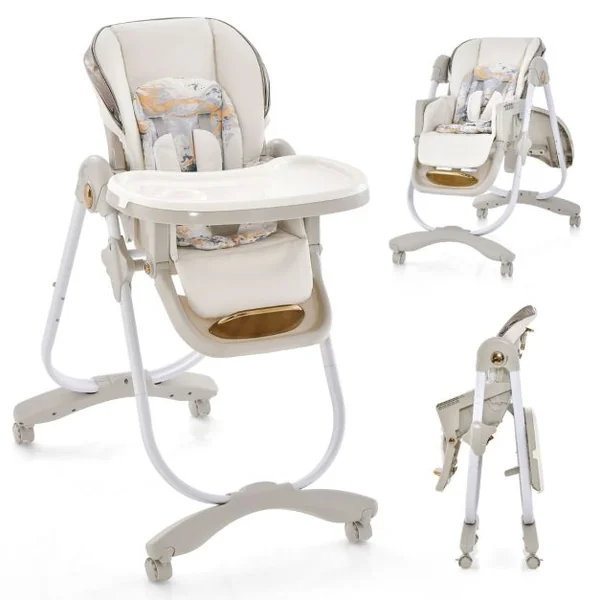 Chaise Haute Pliante pour Bébé à Roulettes avec Dossier Réglable Repose-pieds et Hauteur Ajustables Coussin Amovible Plateau Double Gris