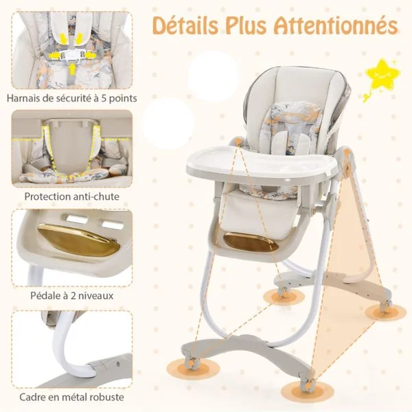 Chaise Haute Pliante pour Bébé à Roulettes avec Dossier Réglable Repose-pieds et Hauteur Ajustables Coussin Amovible Plateau Double Gris