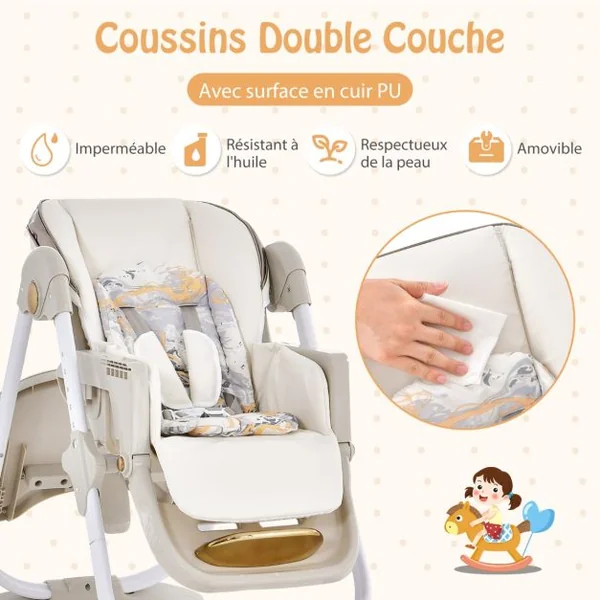 Chaise Haute Pliante pour Bébé à Roulettes avec Dossier Réglable Repose-pieds et Hauteur Ajustables Coussin Amovible Plateau Double Gris