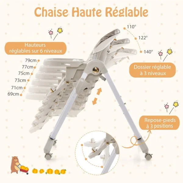 Chaise Haute Pliante pour Bébé à Roulettes avec Dossier Réglable Repose-pieds et Hauteur Ajustables Coussin Amovible Plateau Double Gris