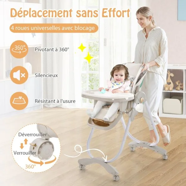 Chaise Haute Pliante pour Bébé à Roulettes avec Dossier Réglable Repose-pieds et Hauteur Ajustables Coussin Amovible Plateau Double Gris