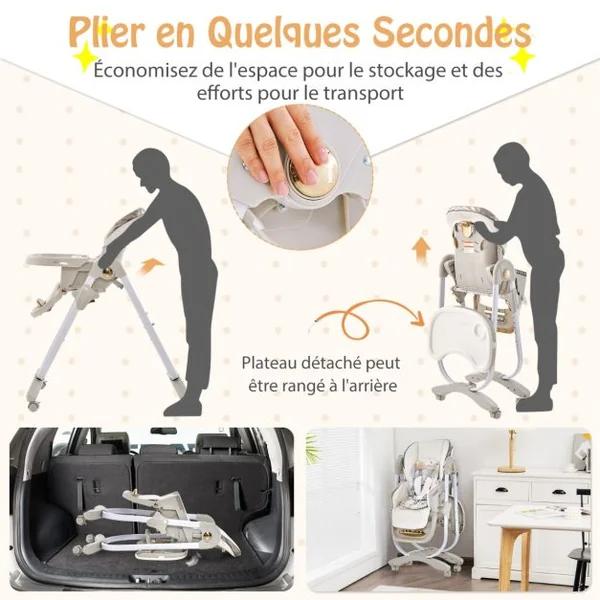 Chaise Haute Pliante pour Bébé à Roulettes avec Dossier Réglable Repose-pieds et Hauteur Ajustables Coussin Amovible Plateau Double Gris
