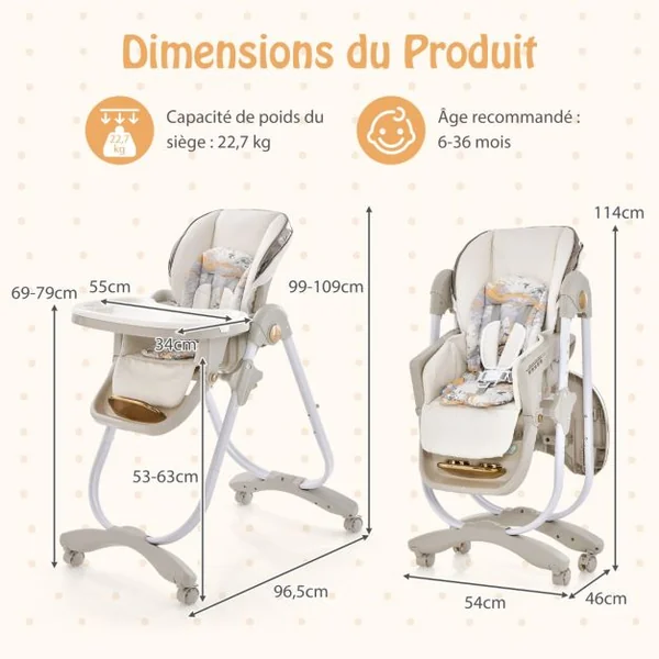 Chaise Haute Pliante pour Bébé à Roulettes avec Dossier Réglable Repose-pieds et Hauteur Ajustables Coussin Amovible Plateau Double Gris