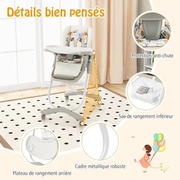Chaise Haute Pliante pour Bébés Multifonctionnelle avec Roulettes Hauteur Réglable Repose-pieds Dossier Plateau Repas Amovible pour 6 à 36 Mois Blanc/Bleu/Noir/Rose