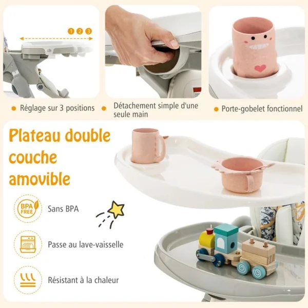 Chaise Haute Pliante pour Bébés Multifonctionnelle avec Roulettes Hauteur Réglable Repose-pieds Dossier Plateau Repas Amovible pour 6 à 36 Mois Blanc/Bleu/Noir/Rose