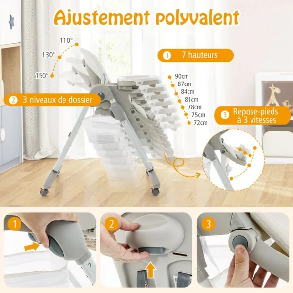 Chaise Haute Pliante pour Bébés Multifonctionnelle avec Roulettes Hauteur Réglable Repose-pieds Dossier Plateau Repas Amovible pour 6 à 36 Mois Blanc/Bleu/Noir/Rose