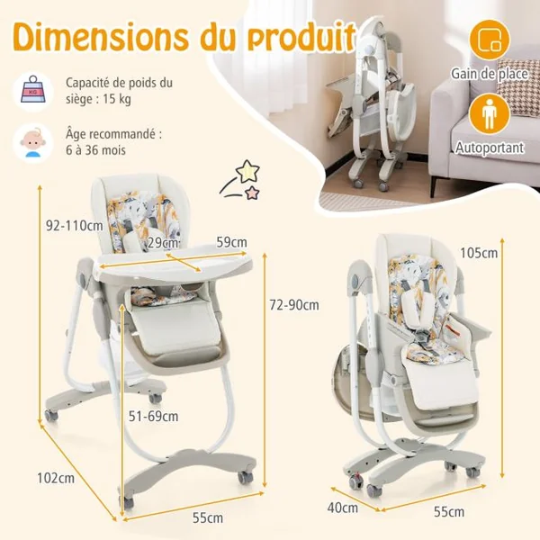 Chaise Haute Pliante pour Bébés Multifonctionnelle avec Roulettes Hauteur Réglable Repose-pieds Dossier Plateau Repas Amovible pour 6 à 36 Mois Blanc/Bleu/Noir/Rose