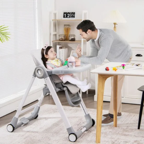 Chaise Haute Pliante à Roulettes pour Bébé Frein en Une Étape Doubles Plateaux Amovibles Coussin Amovible Accoudoirs Rabattables Hauteur Réglable Gris