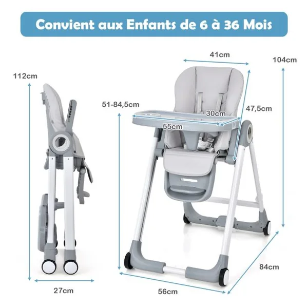 Chaise Haute Pliante à Roulettes pour Bébé Frein en Une Étape Doubles Plateaux Amovibles Coussin Amovible Accoudoirs Rabattables Hauteur Réglable Gris