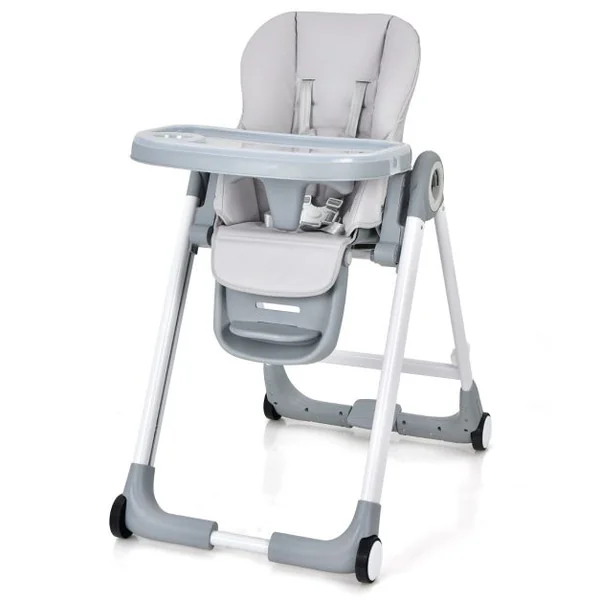 Chaise Haute Pliante à Roulettes pour Bébé Frein en Une Étape Doubles Plateaux Amovibles Coussin Amovible Accoudoirs Rabattables Hauteur Réglable Gris