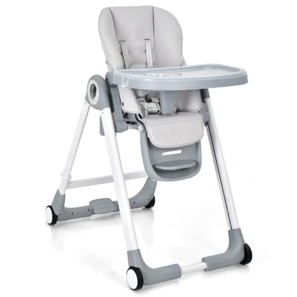 Chaise Haute Pliante à Roulettes pour Bébé Frein en Une Étape Doubles Plateaux Amovibles Coussin Amovible Accoudoirs Rabattables Hauteur Réglable Gris