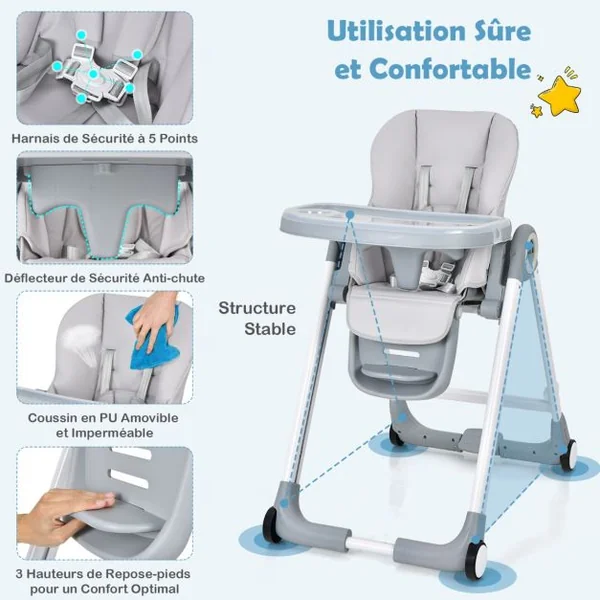 Chaise Haute Pliante à Roulettes pour Bébé Frein en Une Étape Doubles Plateaux Amovibles Coussin Amovible Accoudoirs Rabattables Hauteur Réglable Gris
