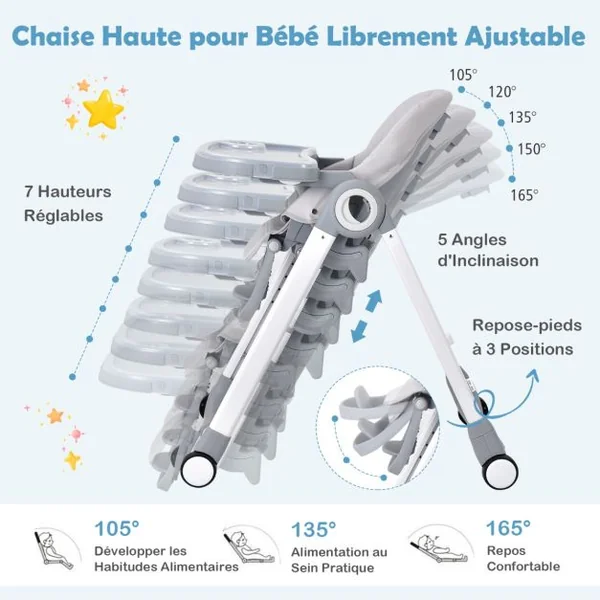 Chaise Haute Pliante à Roulettes pour Bébé Frein en Une Étape Doubles Plateaux Amovibles Coussin Amovible Accoudoirs Rabattables Hauteur Réglable Gris