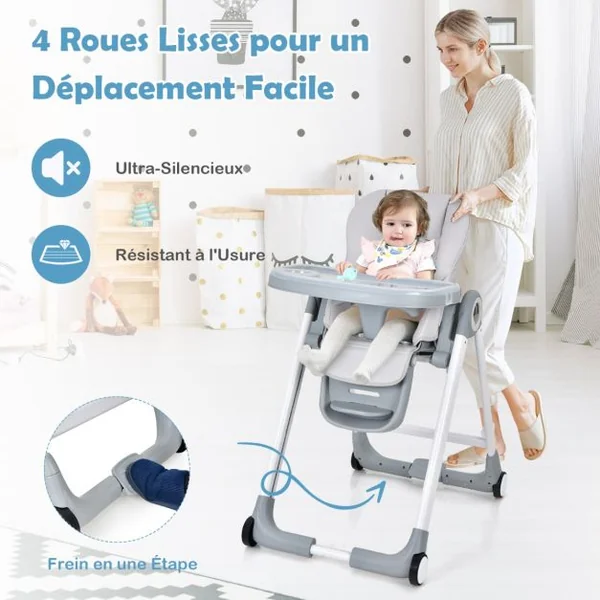 Chaise Haute Pliante à Roulettes pour Bébé Frein en Une Étape Doubles Plateaux Amovibles Coussin Amovible Accoudoirs Rabattables Hauteur Réglable Gris