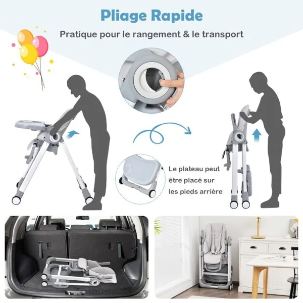 Chaise Haute Pliante à Roulettes pour Bébé Frein en Une Étape Doubles Plateaux Amovibles Coussin Amovible Accoudoirs Rabattables Hauteur Réglable Gris