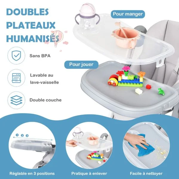 Chaise Haute Pliante à Roulettes pour Bébé Frein en Une Étape Doubles Plateaux Amovibles Coussin Amovible Accoudoirs Rabattables Hauteur Réglable Gris