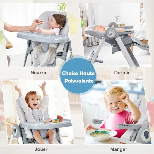 Chaise Haute Pliante à Roulettes pour Bébé Frein en Une Étape Doubles Plateaux Amovibles Coussin Amovible Accoudoirs Rabattables Hauteur Réglable Gris