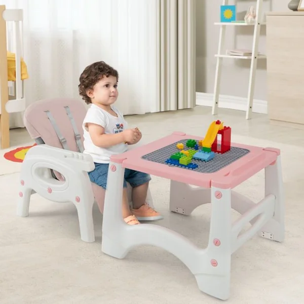 Chaise Haute Pour Bébé 6 En 1 Chaise Haute Convertible/Siège d'Appoint/Table Et Chaise Avec Double Plateau Amovible Harnais De Sécurité 5 Points Rose